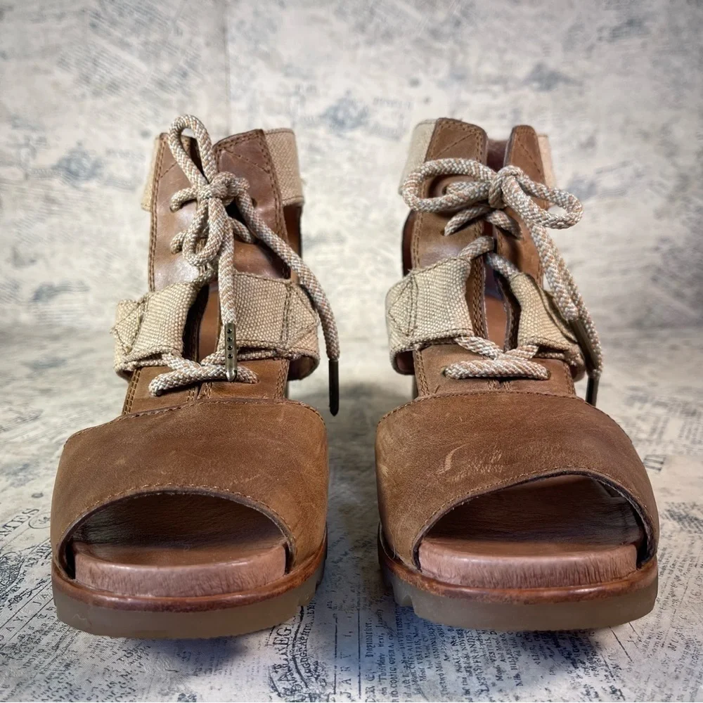 SOREL Joanie Lace Up Wedge Sandals Leather Canvas Comfort Shoes